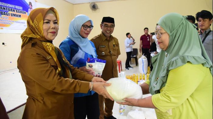 Penyerahan bantuan usaha dilakukan secara simbolis oleh Wakil Gubernur Gorontalo, Idah Syahidah Rusli Habibie, didampingi Anggota DPRD Provinsi Gorontalo Komisi I, Femy Udoki. Foto: Diskominfotik