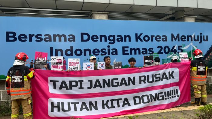 para aktivis lingkungan yang terdiri dari organisasi masyarakat sipil menggelar aksi damai di depan kantor Kedutaan Besar Jepang dan Korea Selatan di Jakarta. Foto: Dok. FWI