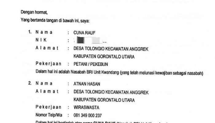 Kredit Lunas, Dokumen Tertahan di BRI Unit Kwandang, Nasabah Lapor Ke Ombudsman RI