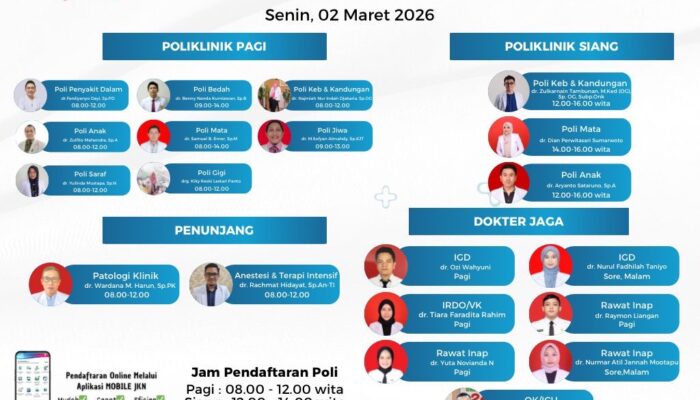 Ini Jadwal Dokter RSUD ZUS, Senin 2 Maret 2026