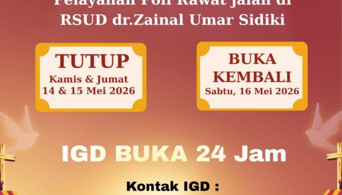 IGD Tetap Buka 24 Jam, Poli RSUD ZUS Libur 14 – 15 Mei 2026