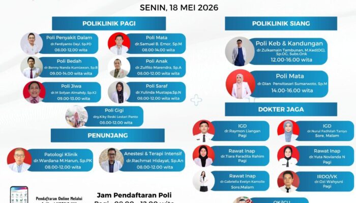 RSUD ZUS Umumkan Jadwal Pelayanan Dokter Senin 18 Mei 2026