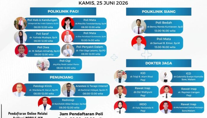 RSUD ZUS Umumkan Jadwal Pelayanan Dokter Kamis, 25 Juni 2026